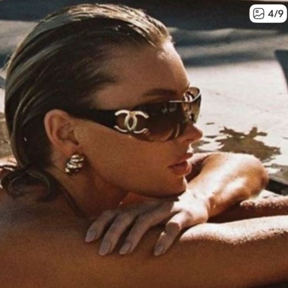 Vintage Chanel Brown Oversized Shield Sunglasses Y2K Interlocking CC Logo 2000s